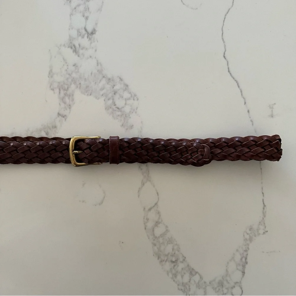 Vintage Braided Leather Belt with Rounded Square Brass Tone Buckle Dark Brown XL